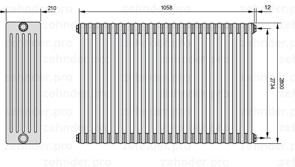 Схема (чертеж) Радиатор Zehnder Charleston 6280/23 №7610 Белый глянцевый RAL 9016